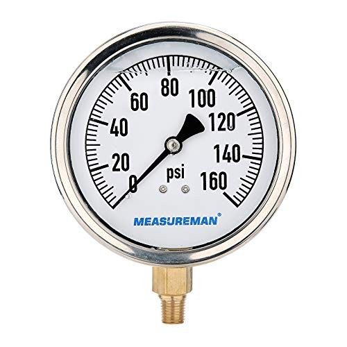  4" Dial Size, Glycerin Filled Plumbing Pressure Gauge, Stainless 0-160psi