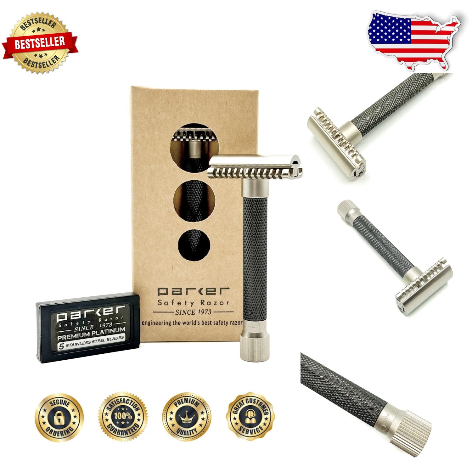 Parker Adjustable Double Edge Razor - Graphite Gray, 4" Handle, 5  Blades