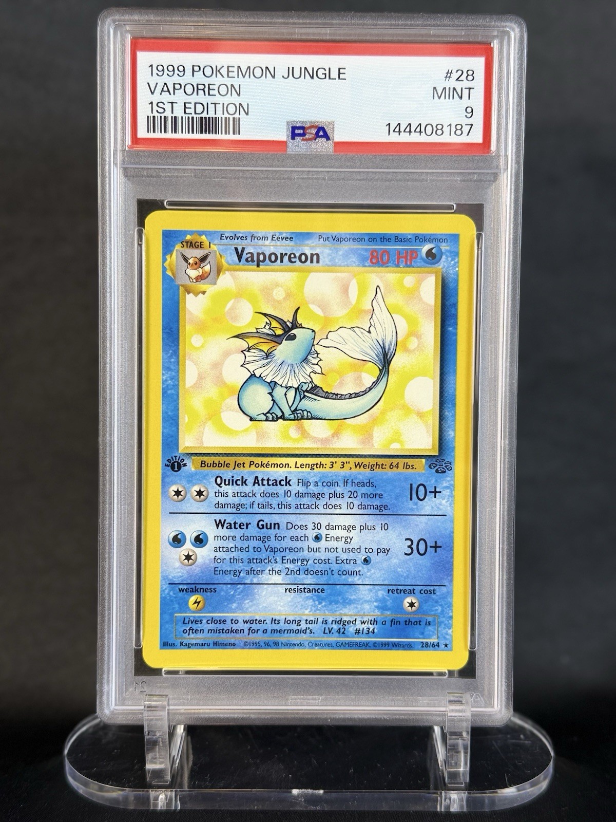 Pokemon 1st Edition Jungle Vaporeon 28/64 PSA 9 MINT FRESH GRADE