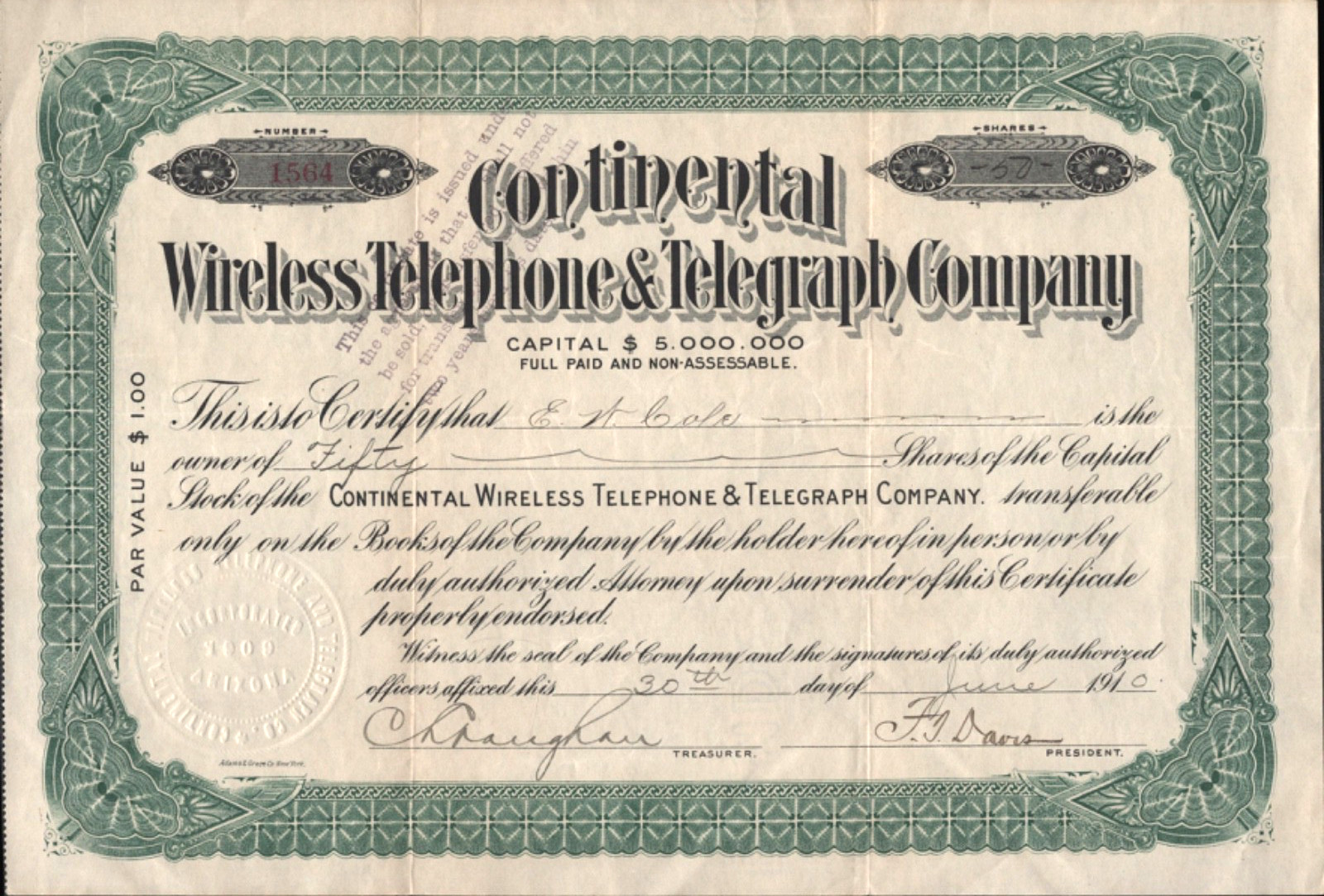 1910 CONTINENTAL WIRELESS TELEPHONE & TELEGRAPH CO. antique stock certificate