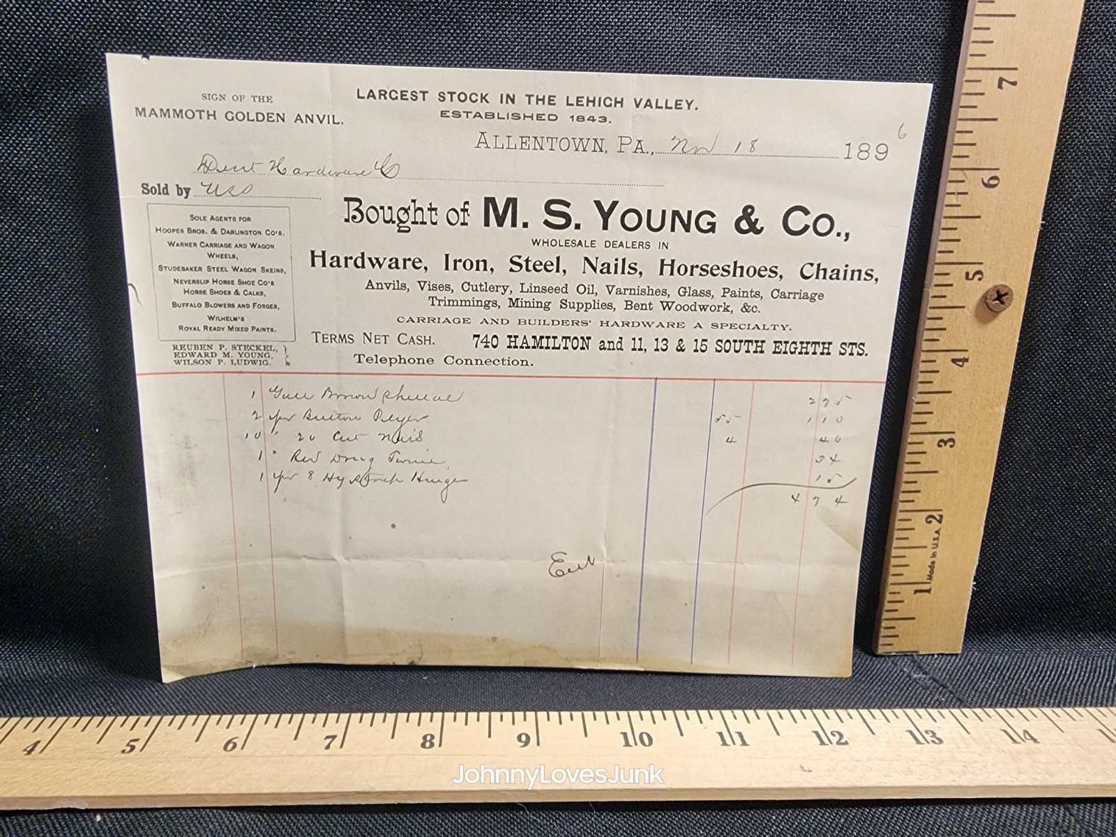Antique 1896 Letter/Bill Head M.S. Young And Co. Allentown PENNSYLVANIA 