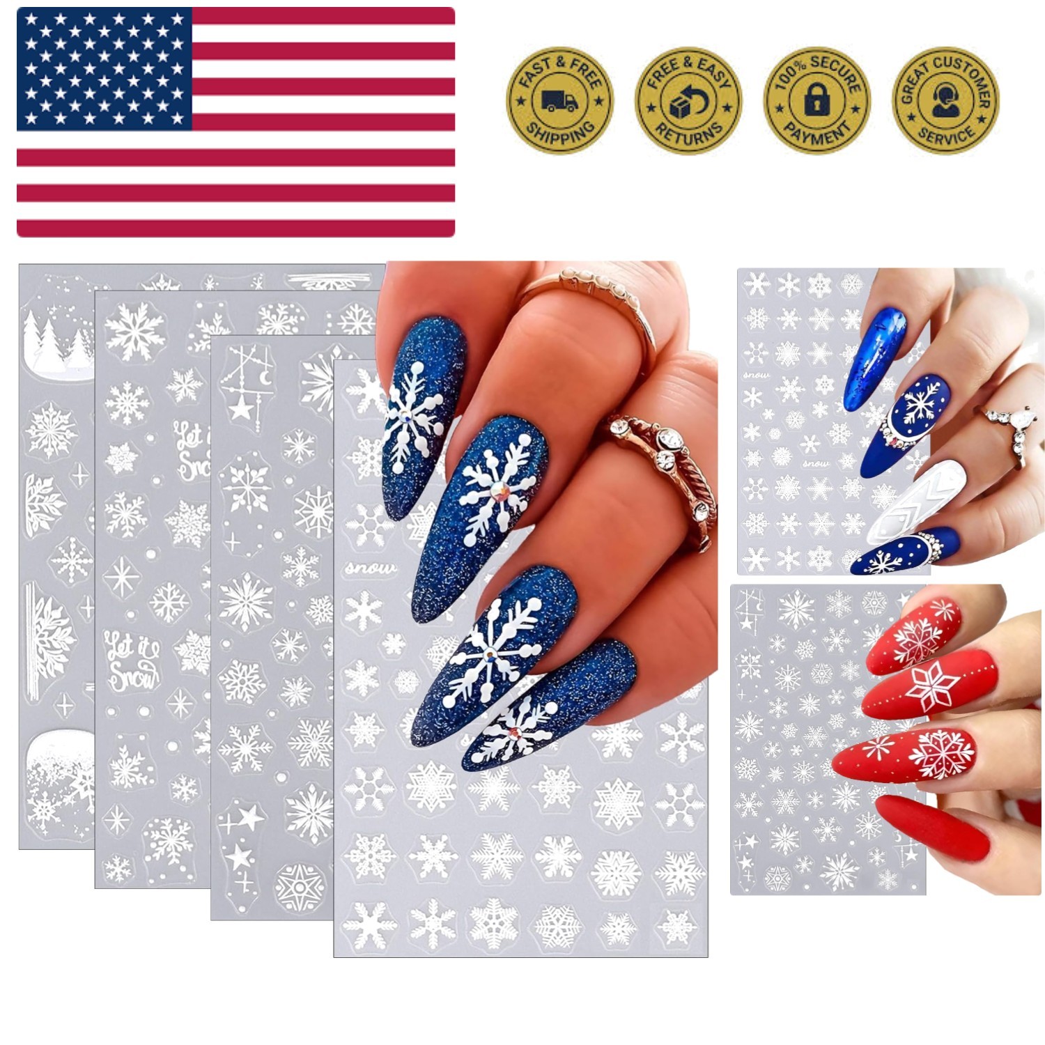 6 Sheets Christmas Nail Art Stickers Snowflake 5D Embossed Self-Adhesive Nail...