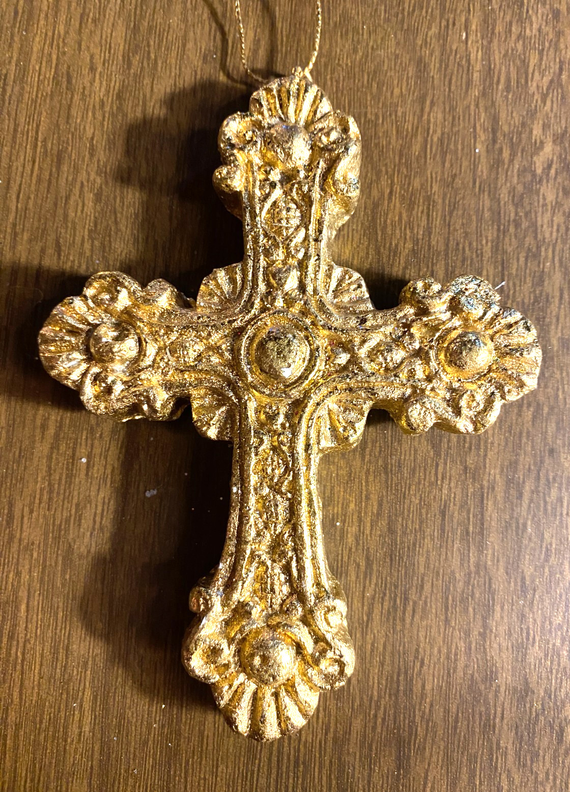 Large Plastic Glittered Gold Cross Christian Christmas Ornament 5"
