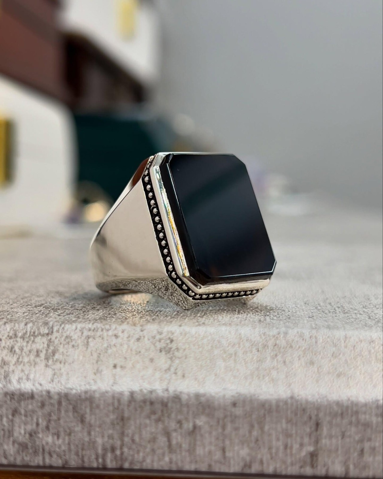 Natural Black Sulemani Hakik Gemstone Men's Ring-925 Silver Hakik Handmade Ring