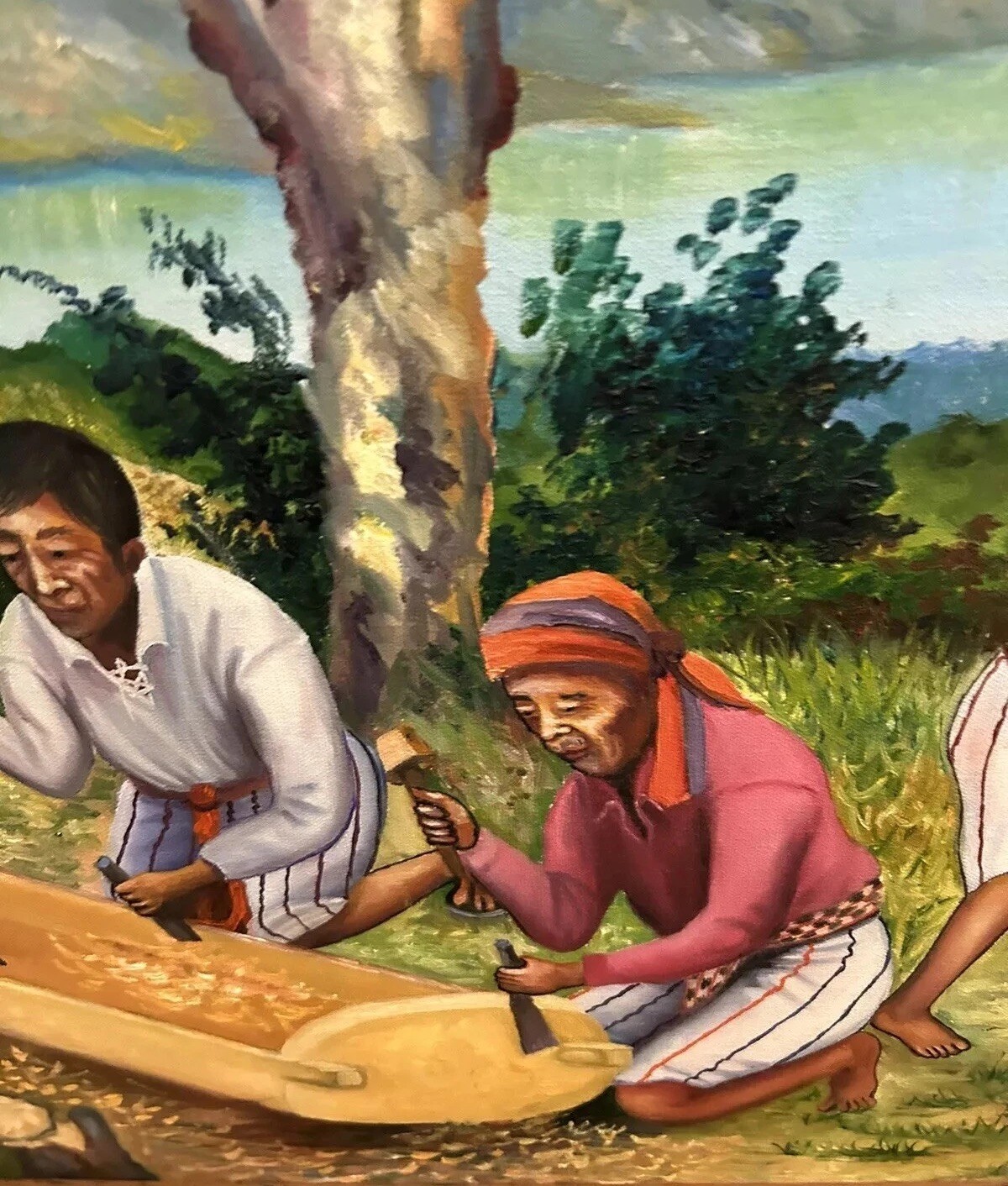 Central South American Pueblo field Workers. Vibrant Colors Signed. 20” by 27”