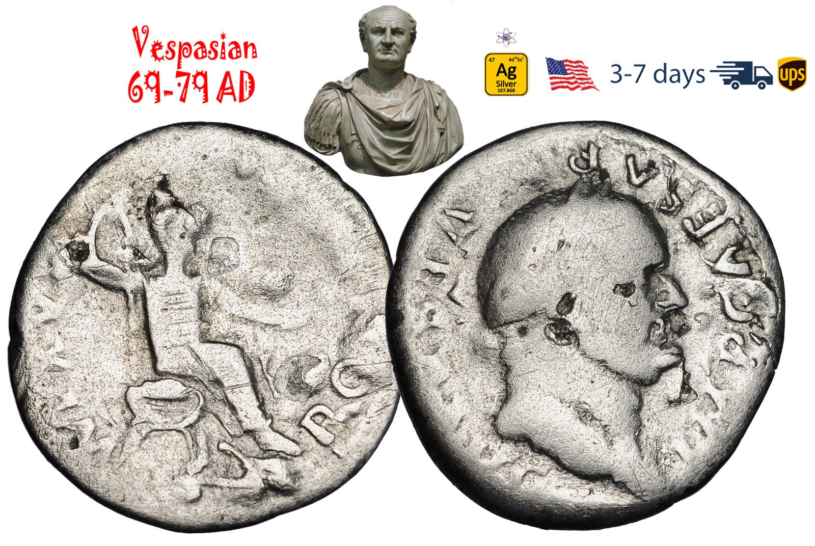 Ancient Roman Empire Coin Silver Denarius Vespasian 69 - 79 AD Authentic #33615