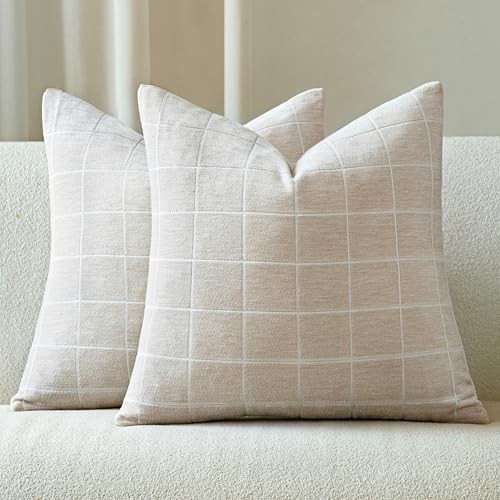 Decorative Chenille Plaid Throw Pillow Covers 24x24 24" x 24" (Pack of 2) Beige