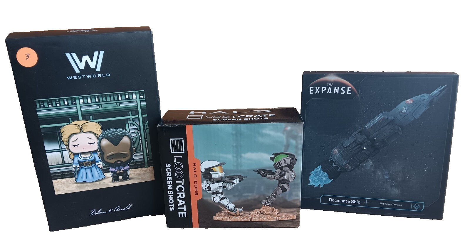 2017 Lootcrate Lot, Halo Icons, Westworld Dolores & Arnold, Rocinante Space Ship