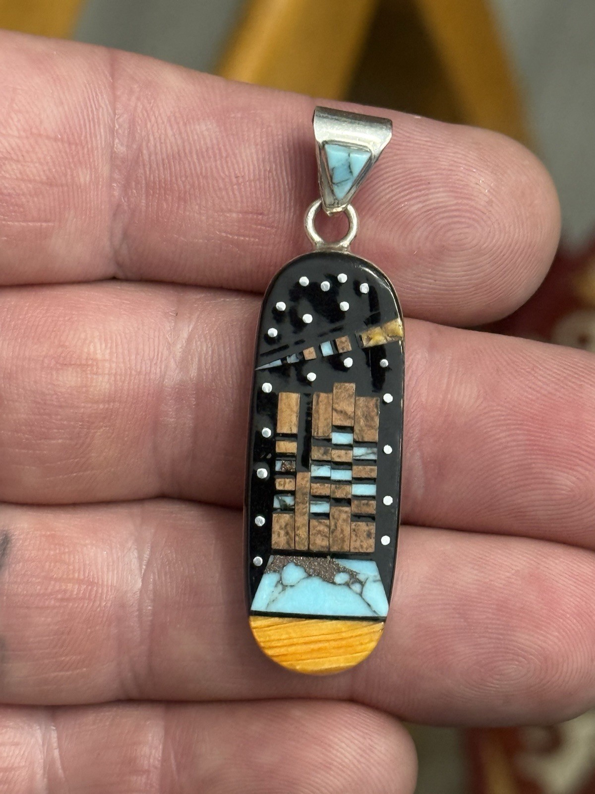 STERLING SILVER SIGNED GALAXY MOUNTAIN SPACE INLAID MULTI STONE PENDANT .925