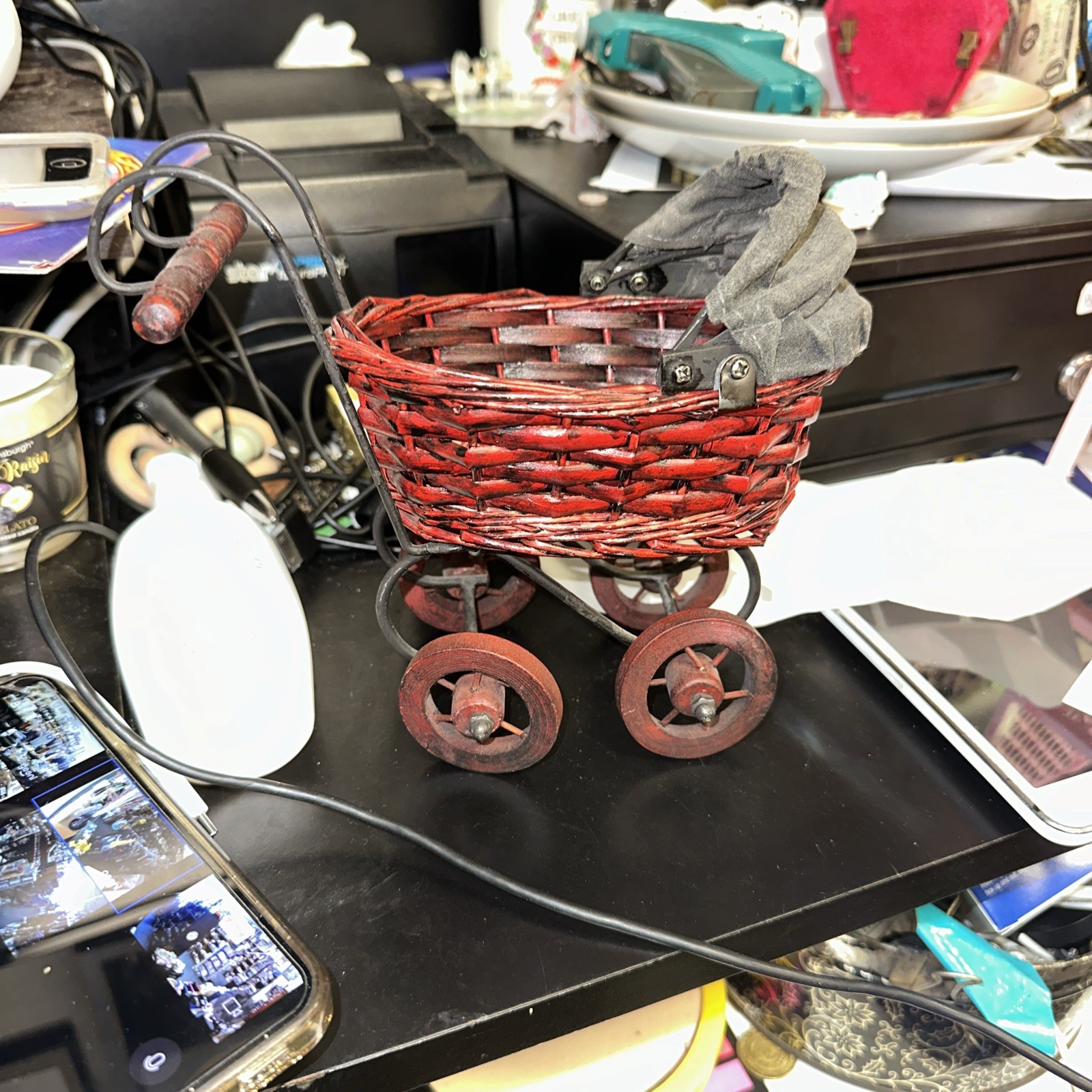 Antique Stroller Baby Carriage Buggy  Victorian Style Wicker Metal & Canvas