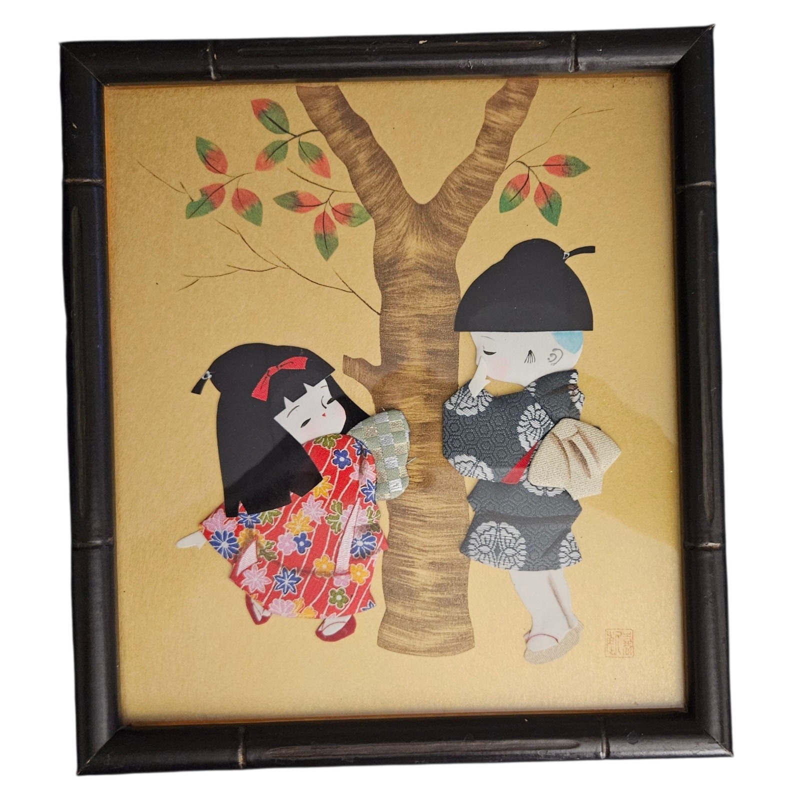 Vintage Japanese Fabric Art Children Kimono Textile Wall Hanging Framed