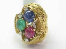 18K Gem Ruby Sapphire Emerald Diamond Solitaire W Accents Jewelry Ring YG 3.55Ct