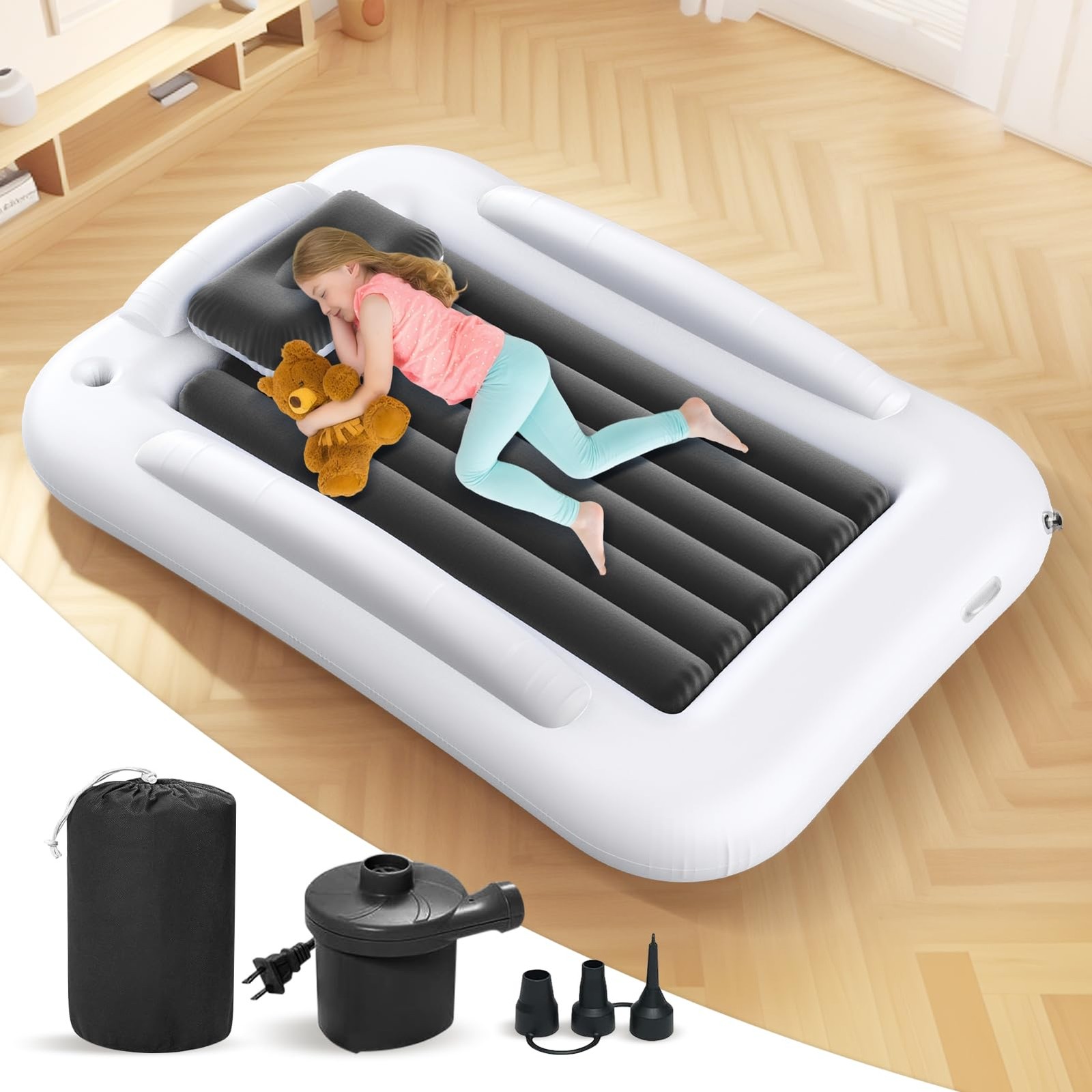 Deeteck Inflatable Toddler Travel Bed 60in Portable Kids Air Mattress Safety Sid