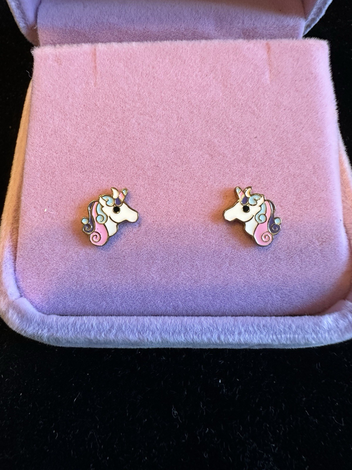 Adorable 925 Silver Enameled &Gold plated Children’s Unicorn Earrings And Box