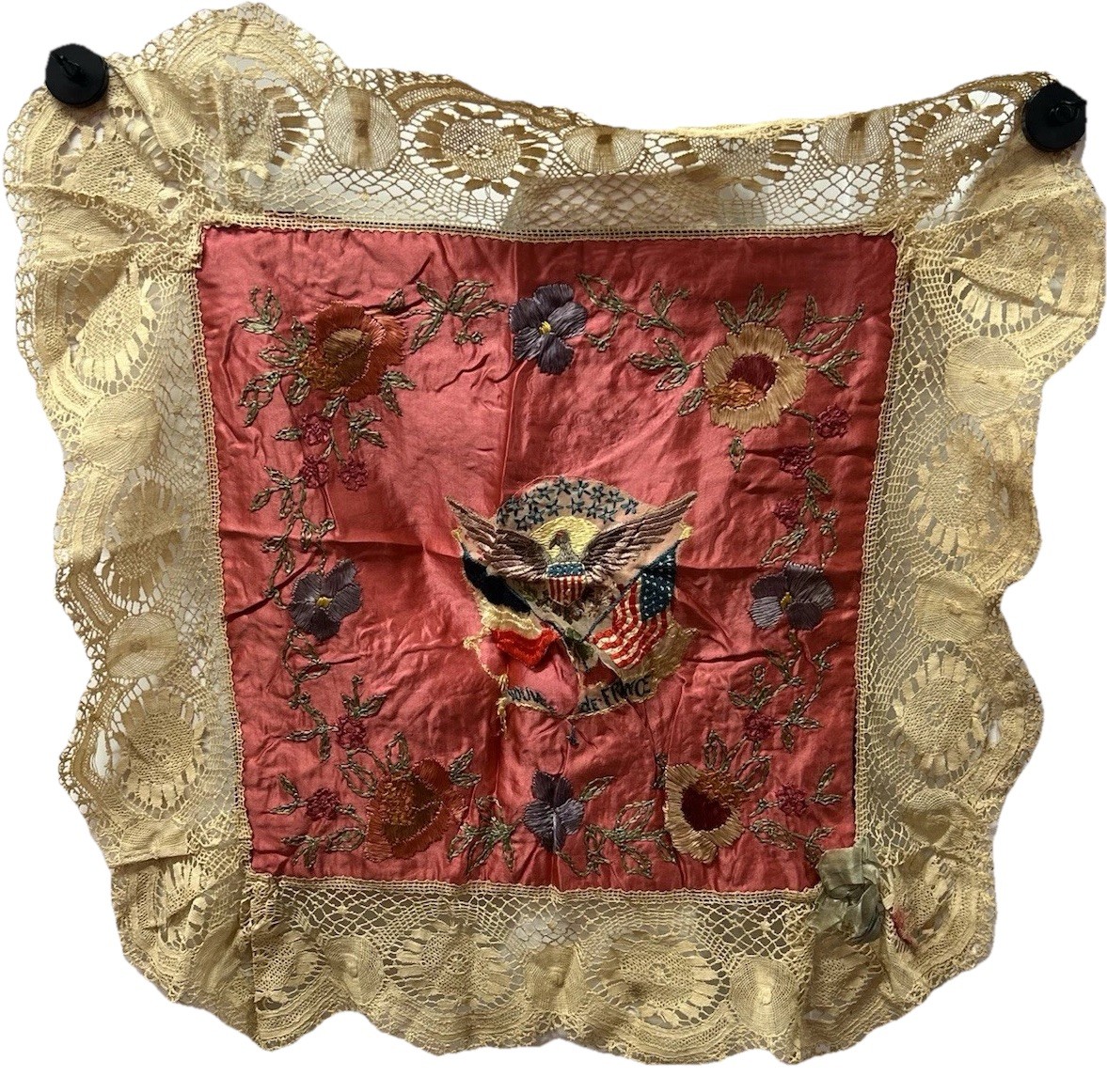 Antique American /French WW1 , Hand Embroided Silk Textile Bald Eagle Floral