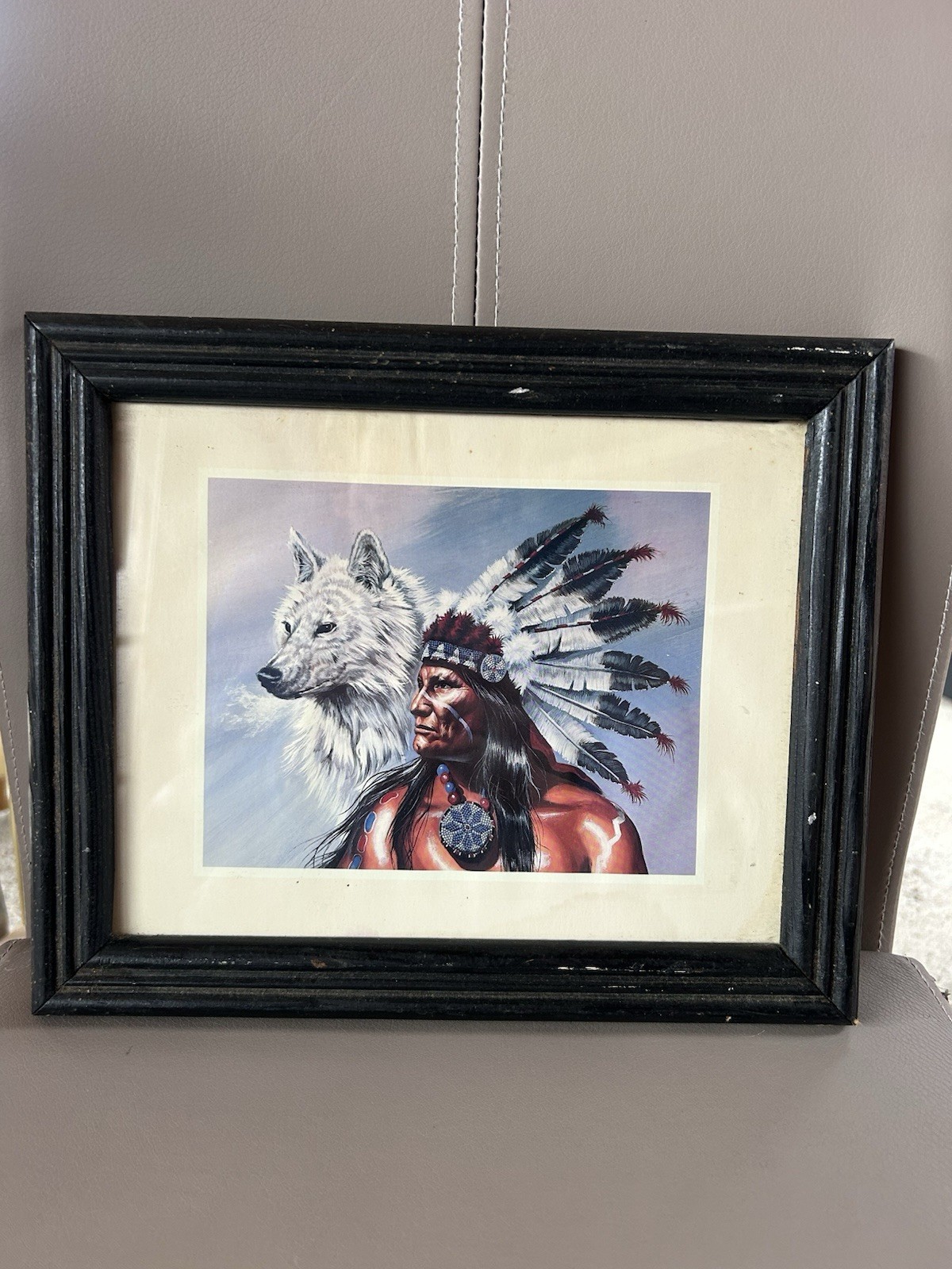 Native American Warrior Wolf Framed Painting Art with Feathered Headdress