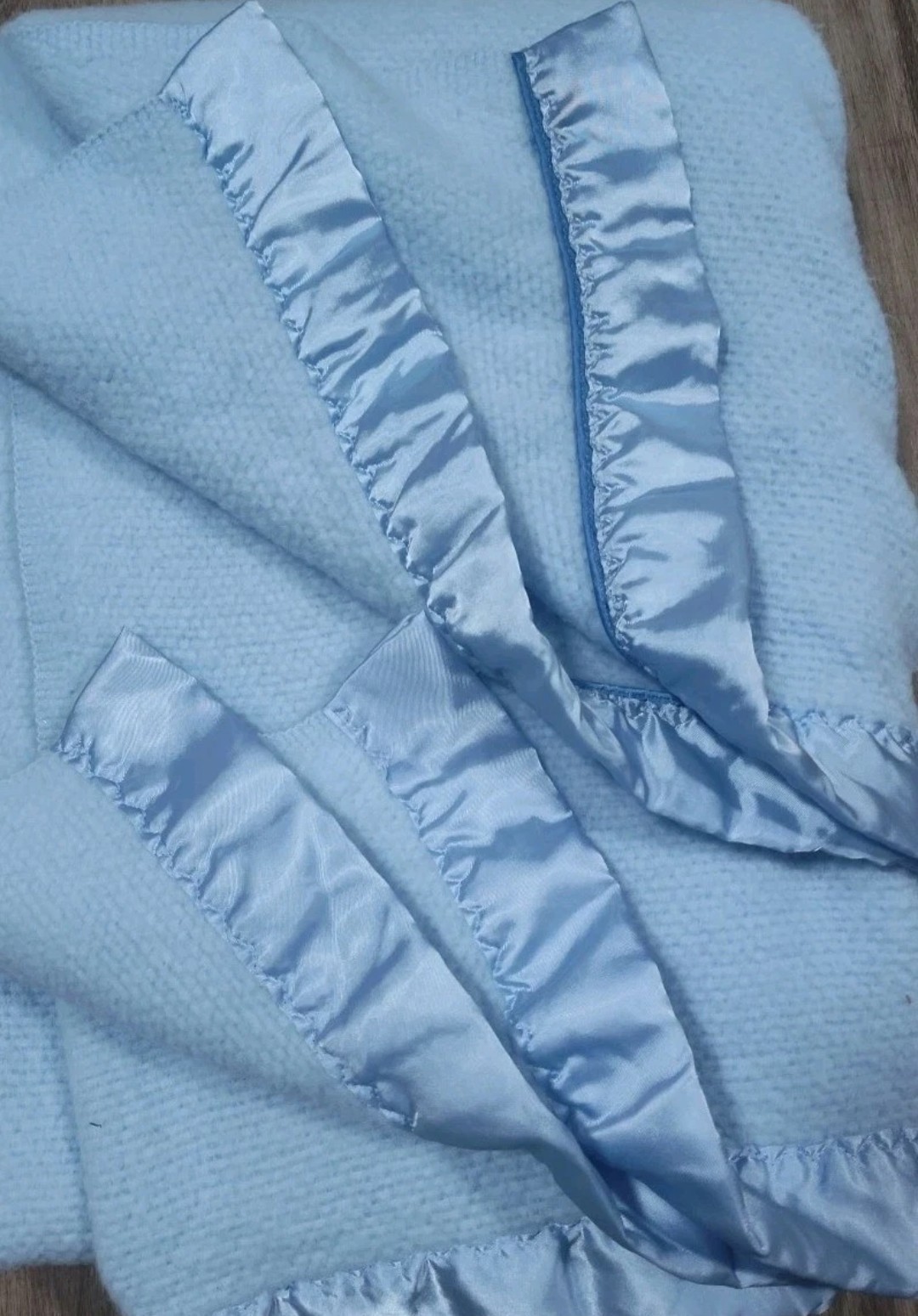 Vintage Blue Twin  Chenille Weave Satin Edge Blue Dark Blue Piping - USA 62x80