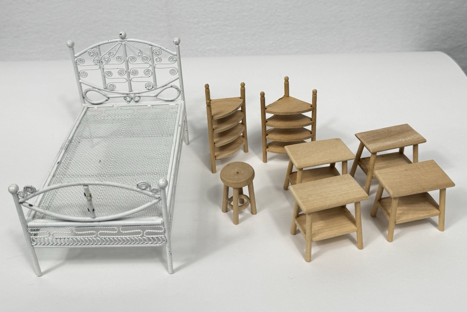 Vintage Dollhouse Furniture Lot Metal Bed Wooden Tables Corner Shelves Stool 