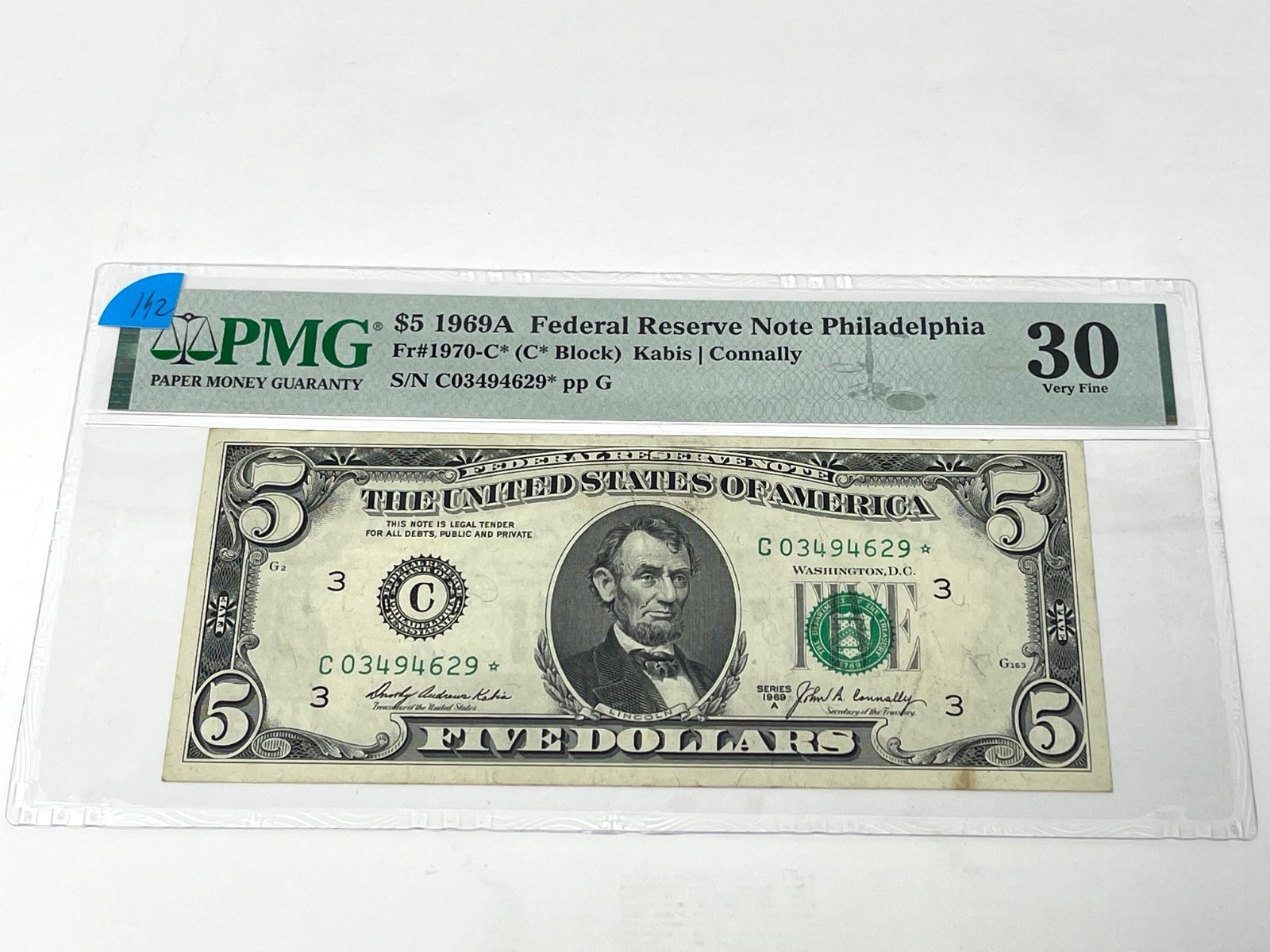 1969A $5 Five Dollars FEDERAL RESERVE *STAR* NOTE Philadelphia' PMG 30 VF (#142)