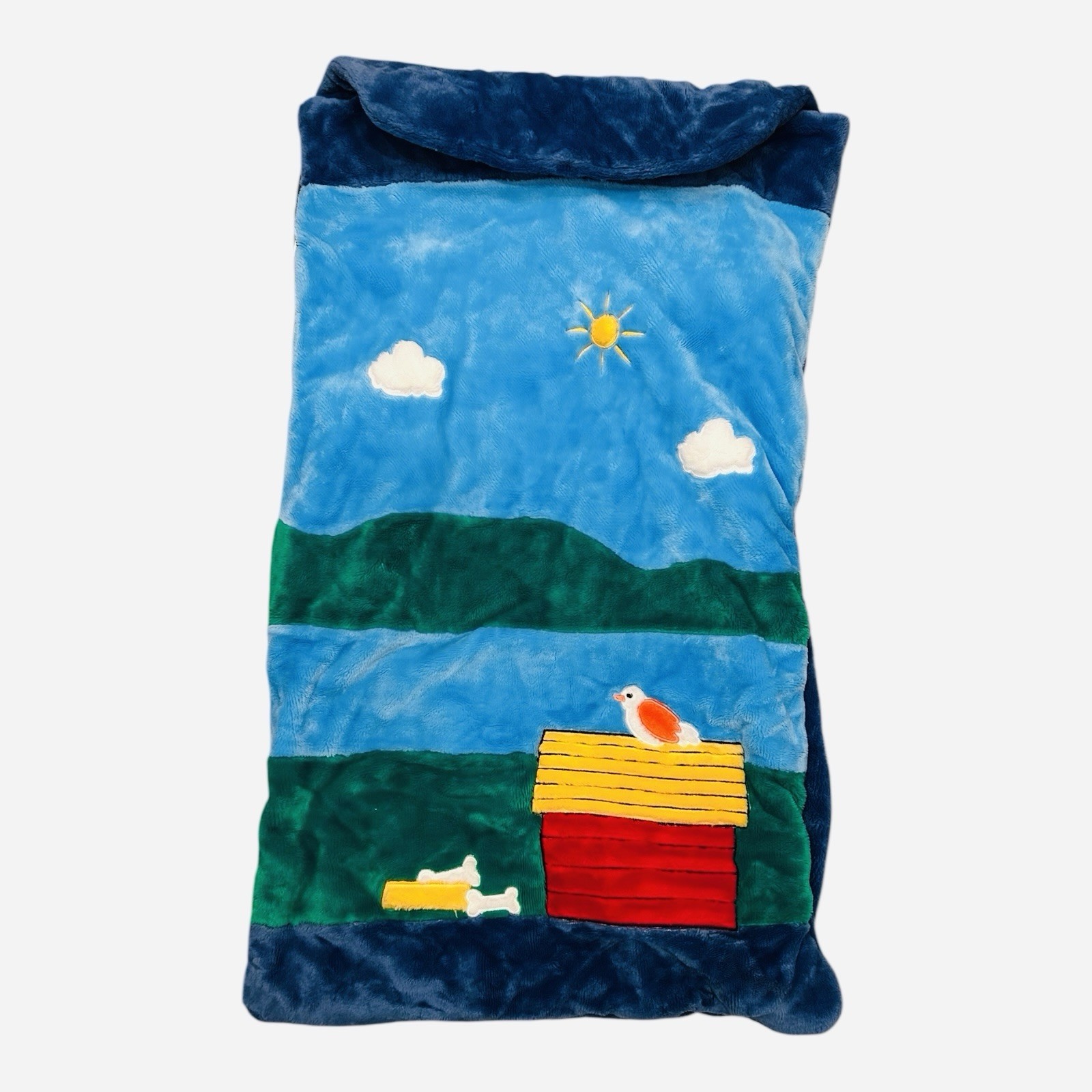 VTG  Kids Plush Slumber Bag  1970s Doghouse Bird Cartoon Applique Nap Mat EUC