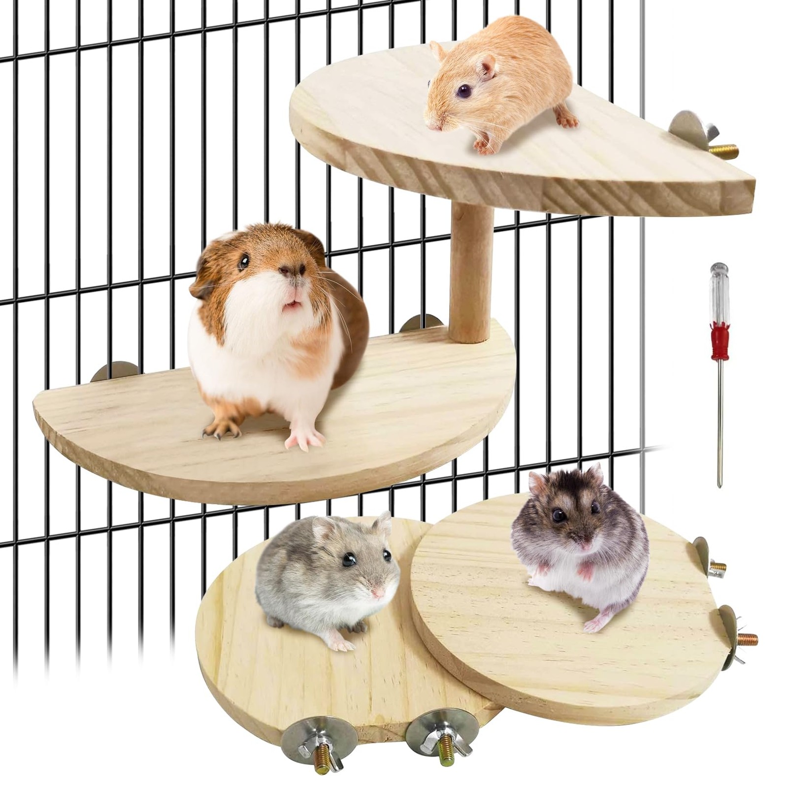 Hamster Standing Platform Rat 2-Level Natural Wood Pedal Gerbil Round Standin...