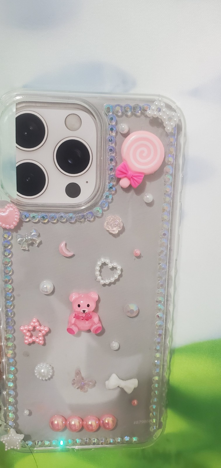 Clear Pink Bear Lollipop Jewelled Patterned Case for iPhone, Plastic