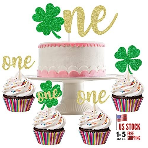 Shamrock One Cake Topper and 24Pcs Lucky One Cupcake Toppers Lucky One 