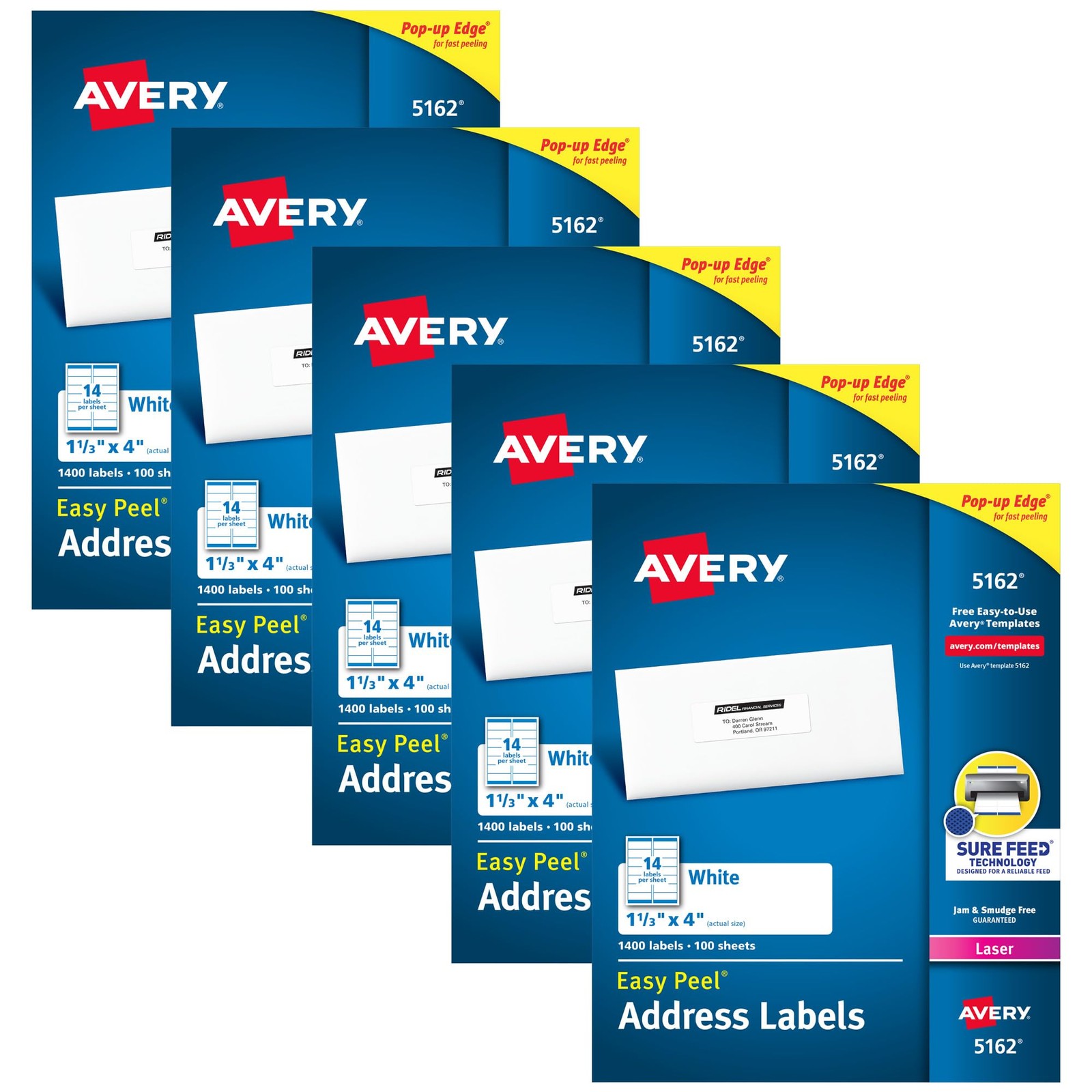 Avery 5162 Mailing Address Labels, Laser, 1-1/3 x 4, 1400 Ct, 5 Packs