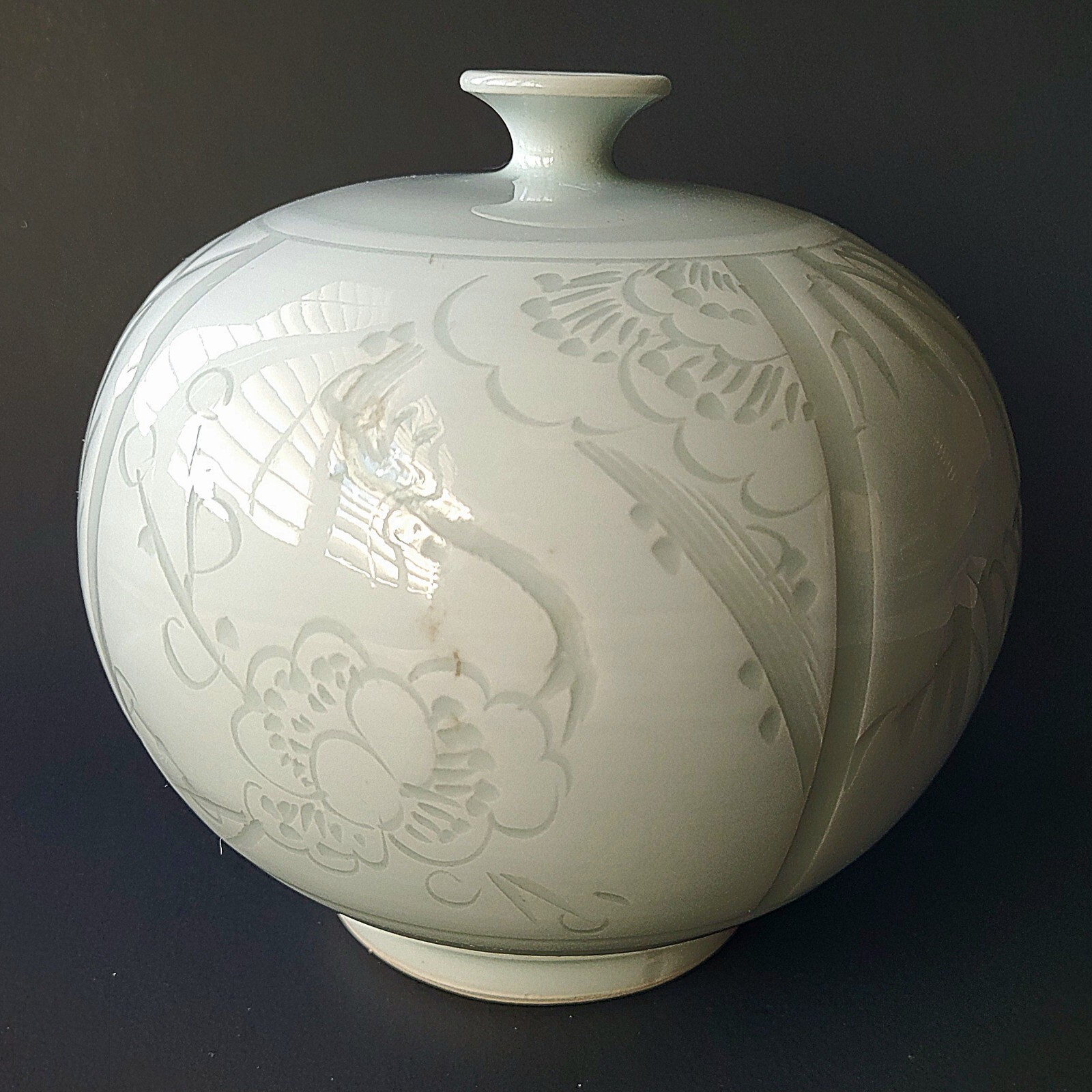 Vtg Signed Celadon Glaze Asian Moon Vase Korea Floral Chinese Bamboo Japan Mums