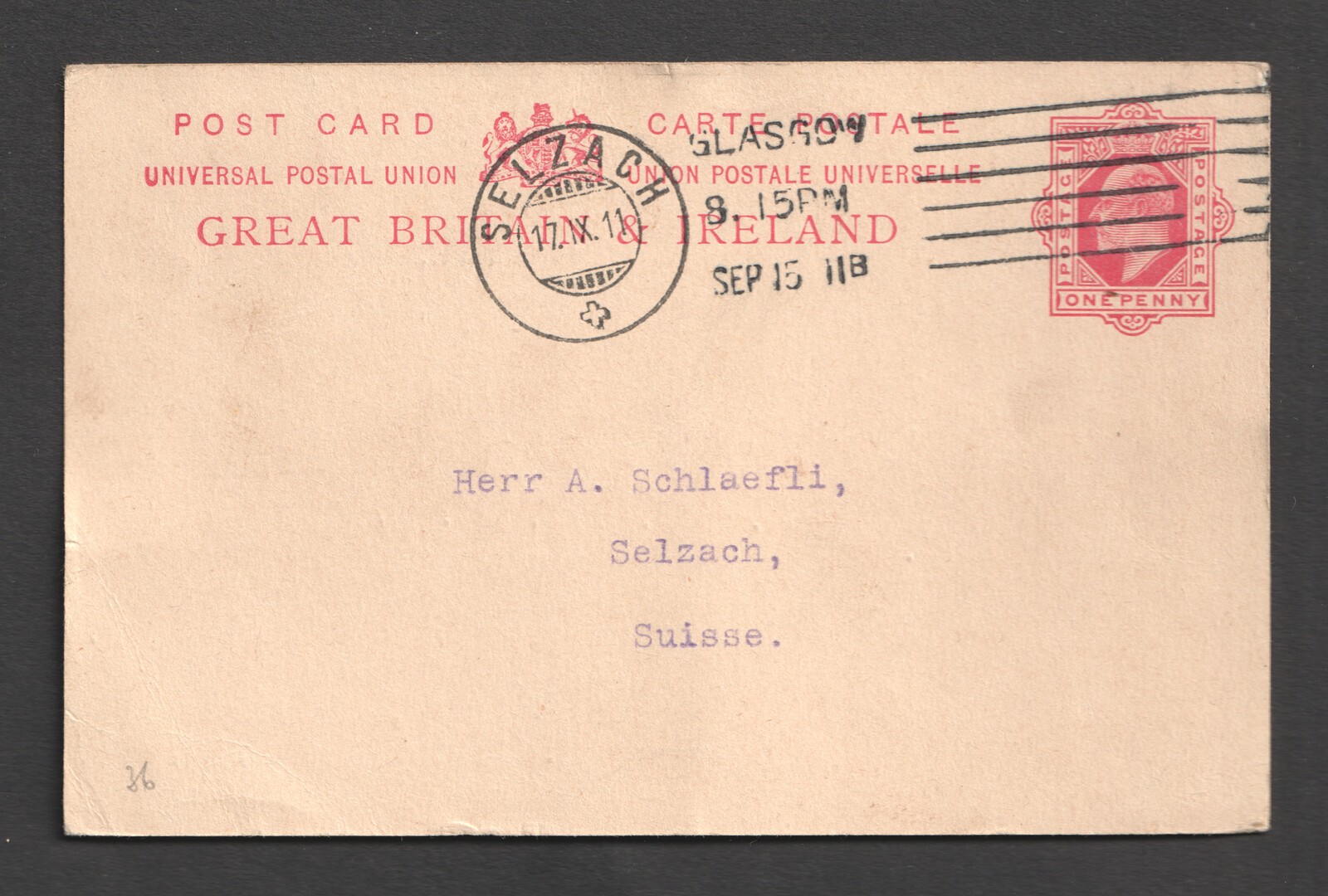 KEVII 1d Postal Stationery Postcard Glasgow Columbia Machine Switzerland Selzach