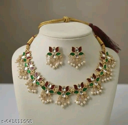 Beautiful Lotus Design Kundan Necklace With Earrings For Woman Wear Jewellery