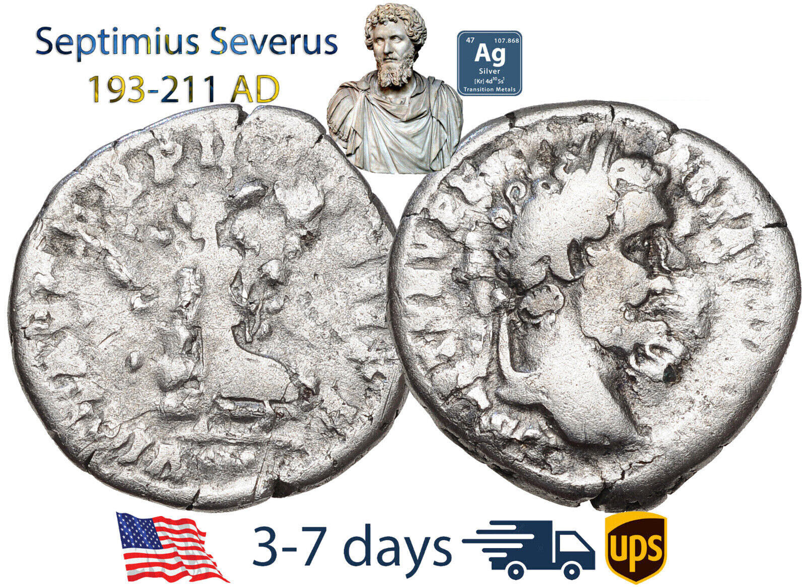 Ancient Roman Empire Coin Silver Denarius Septimius Severus 193 - 211 AD #20447