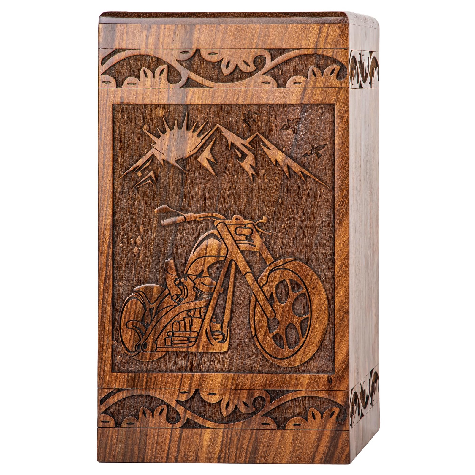 Handcarved Wooden Cremation Urn for Human Ashes - Motorcycle Design, 180lbs C...