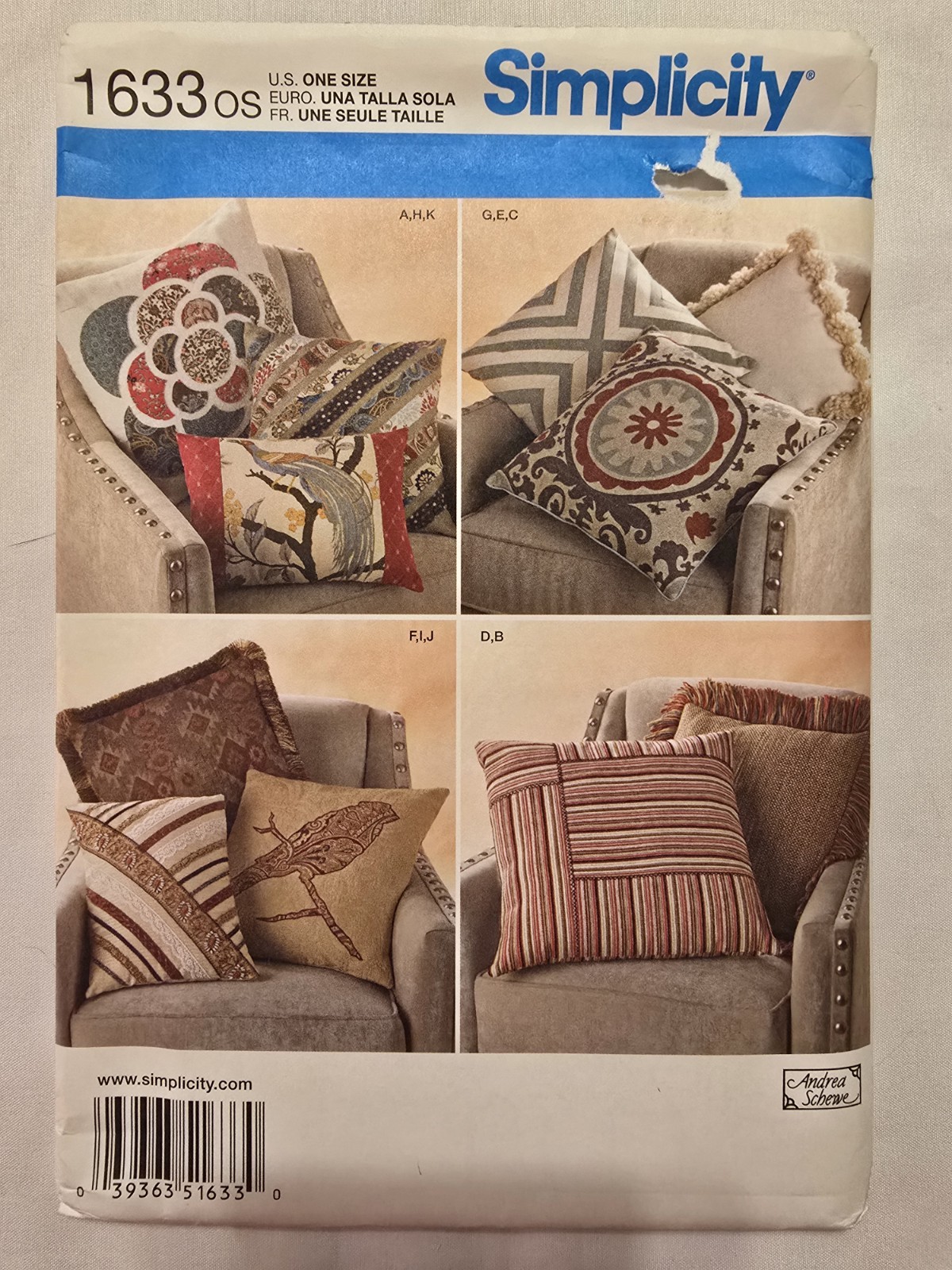 Simplicity 1633 Sewing Pattern Home Decor Pillows Neck Rolls Andrea Schewe NOS