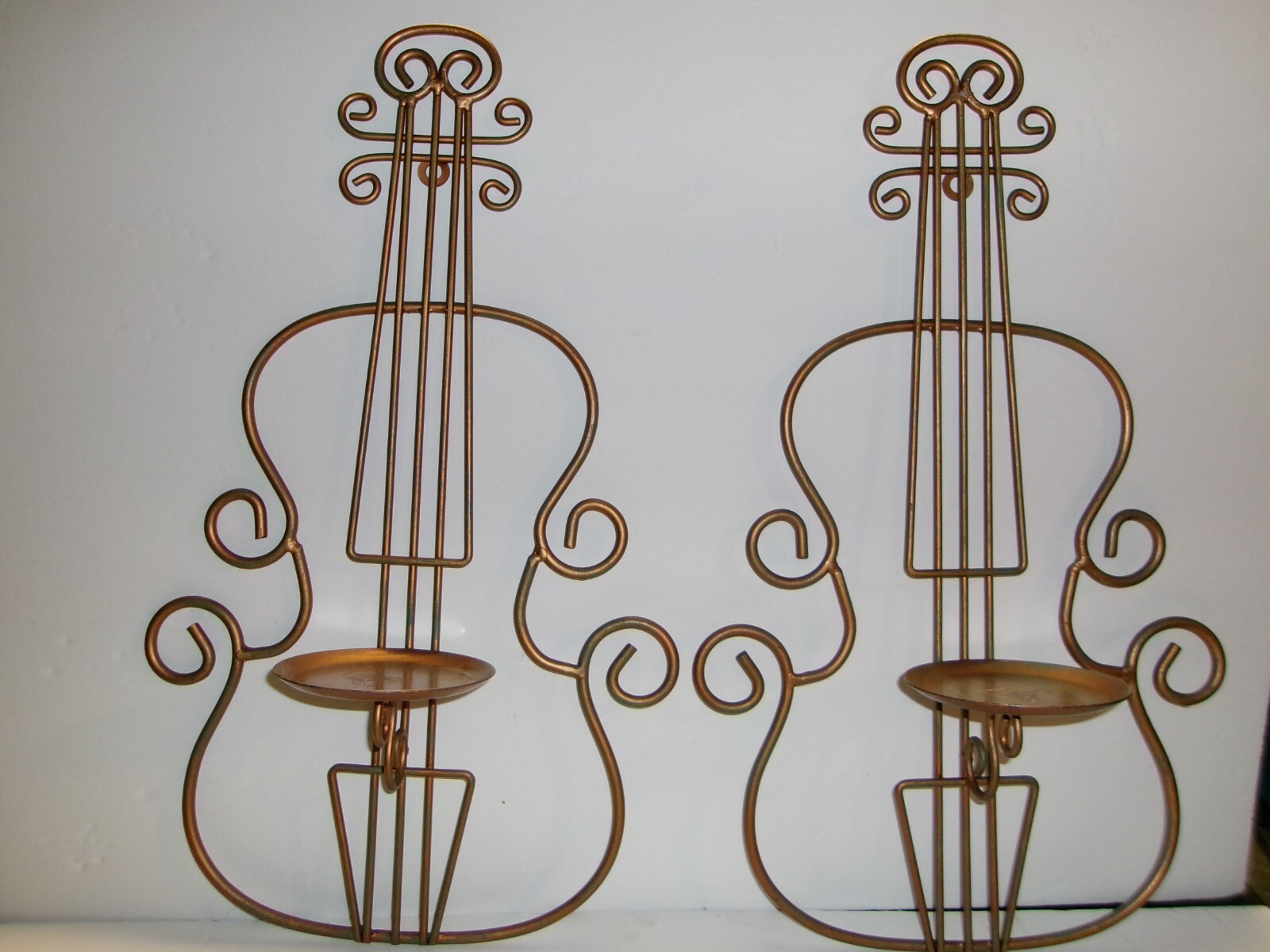 Pair of Vintage Metal Violin Shaped Wall Candle Holders Sconces