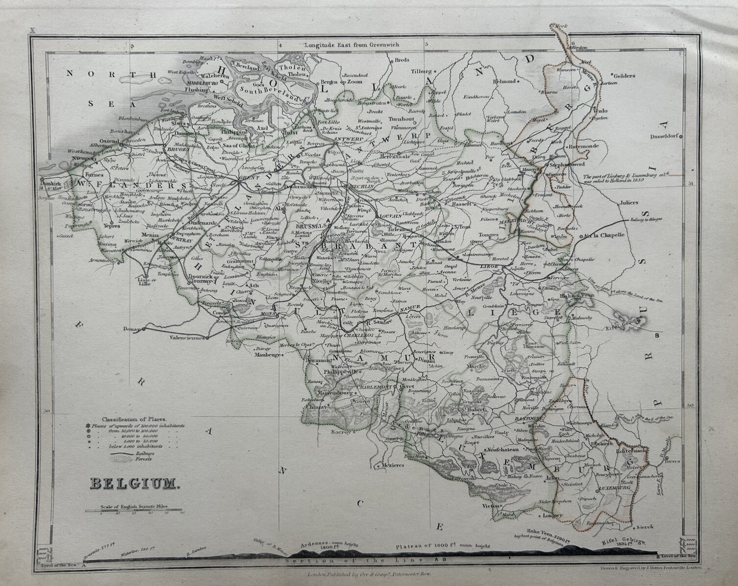 1850 Belgium Hand Coloured Antique Map By John Dower Showing Hills