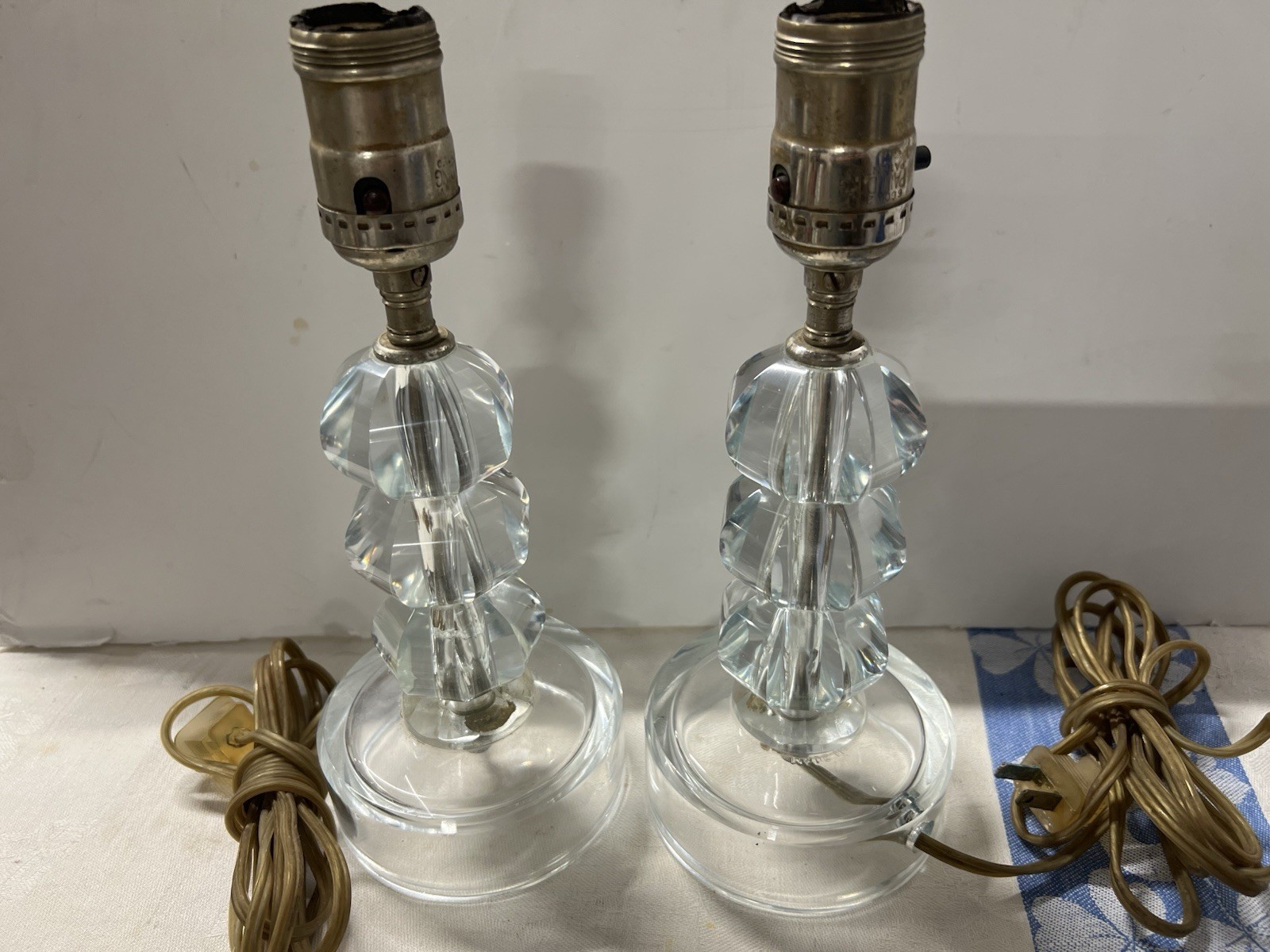 Pair  Crystal Glass Boudoir Table Lamps 10” Mid Century Original