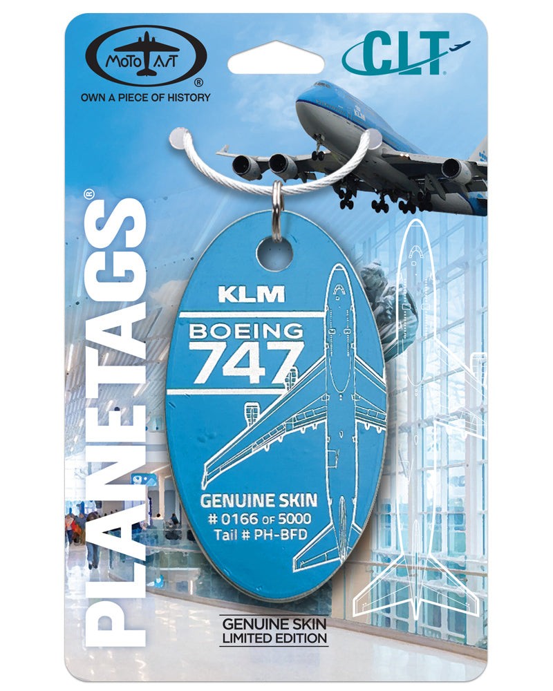 KLM Boeing 747-400 Tail #PH-BFD Genuine Aluminum Jet Plane Skin Blue Bag Tag CLT