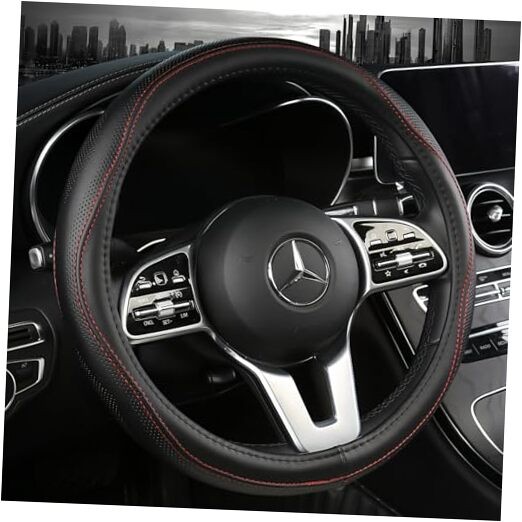  Genuine Leather Steering Wheel Cover, Black Real Cowhide for 14.5-15 BlackRed