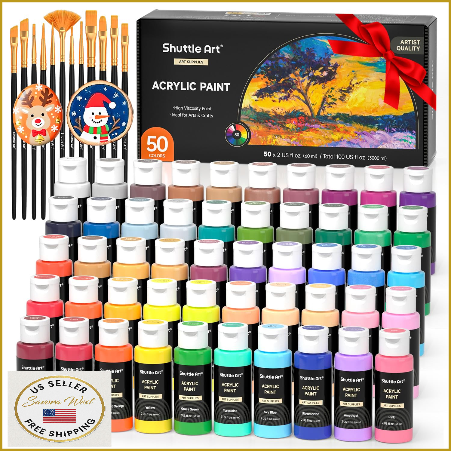 Shuttle Art Acrylic Paint Set, 50 Vibrant Colors, 2oz/60ml Bottles, Rich Pigment