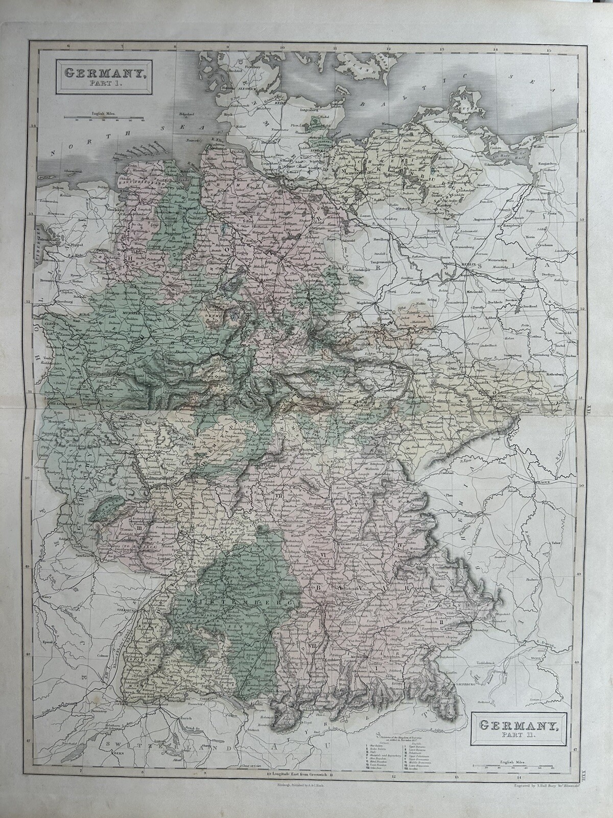 1851 Germany Large Hand Coloured Original Antique Map by Selina Hall