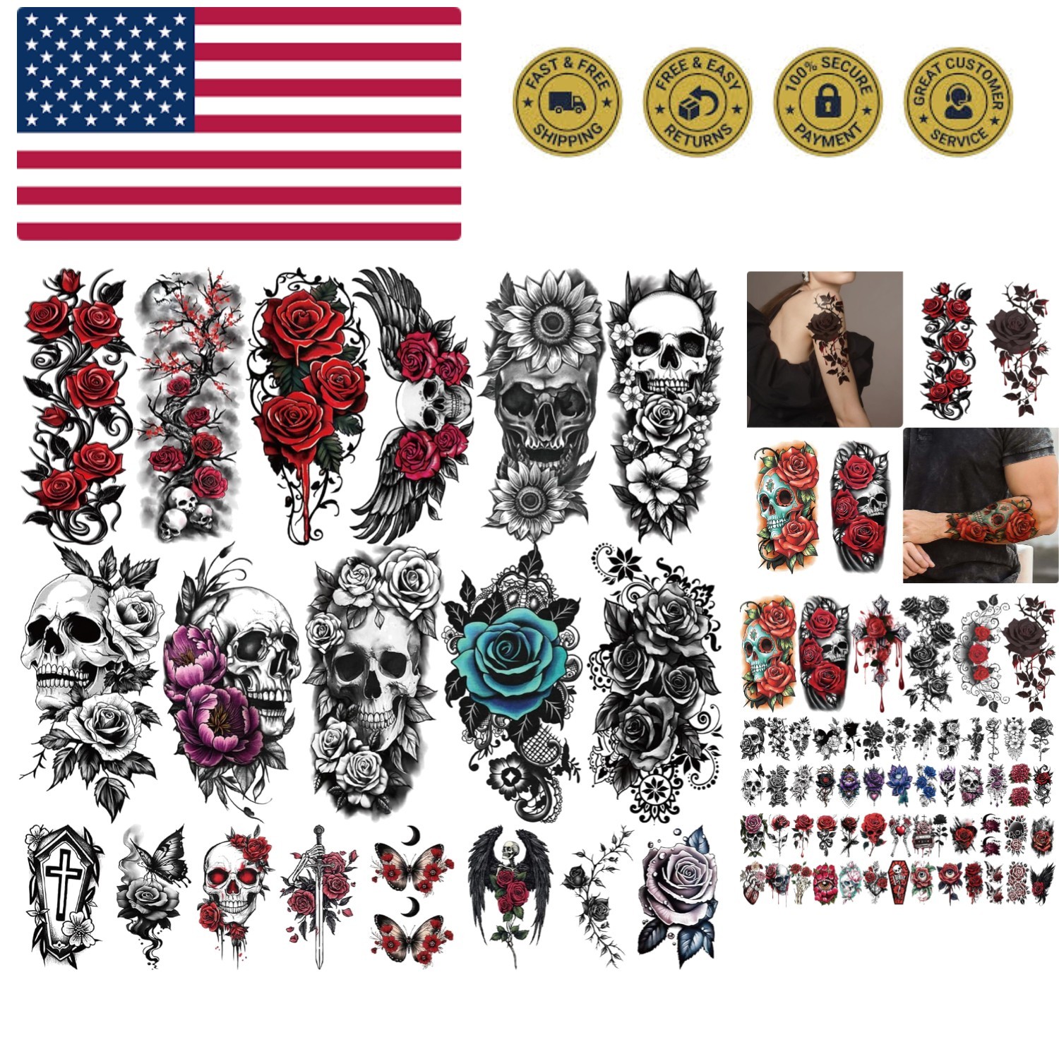 77 Sheets Skull Flower Realistic Temporary Tattoos For Women Men Adult, Large...