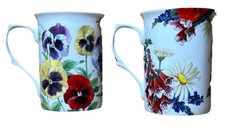 Stechcol Gracie Bone China Coffee Tea Cups Mugs Floral Petunias Pansies Set of 2