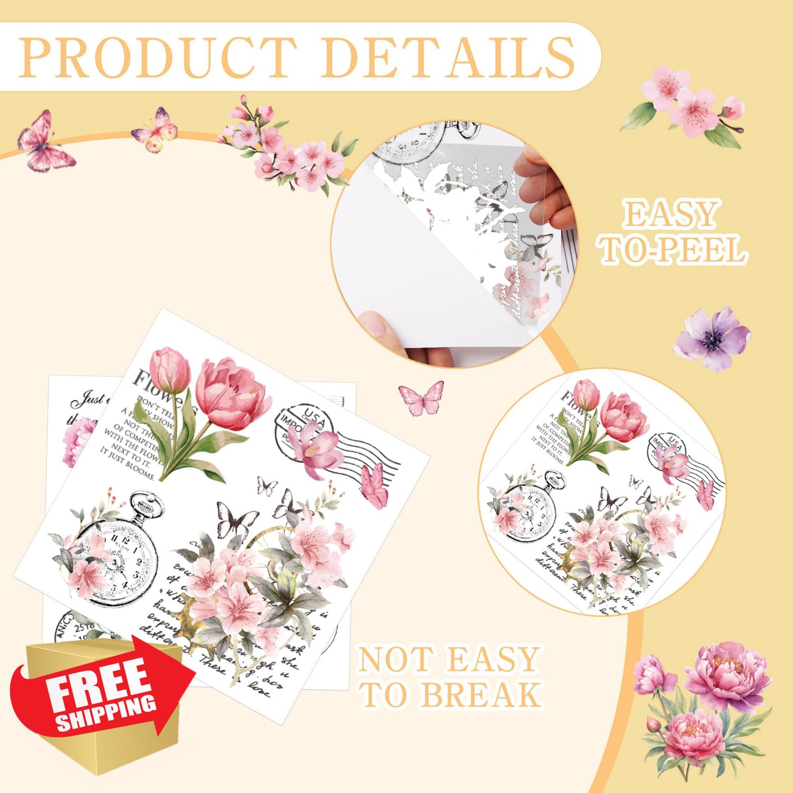 Vintage Floral Rub On Transfers 12 Pcs Pink Flower for Furniture