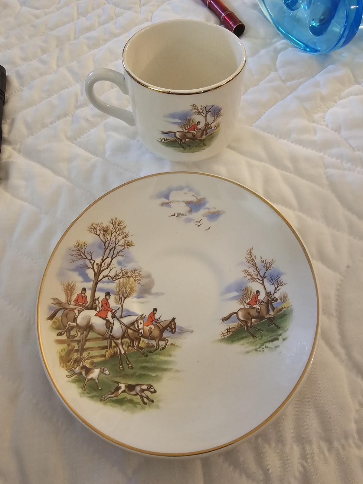 Arklow Ireland Demitasse Cup & Saucer – Fox Hunt Scene, Gold Trim