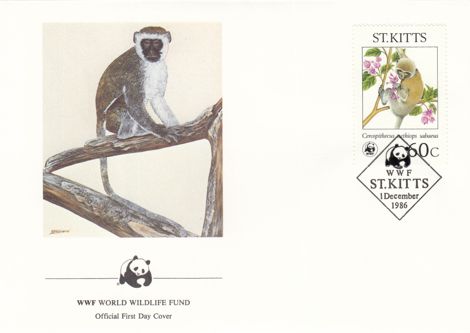 Green Monkey WWF St Kitts FDC #3 1986 (141114)