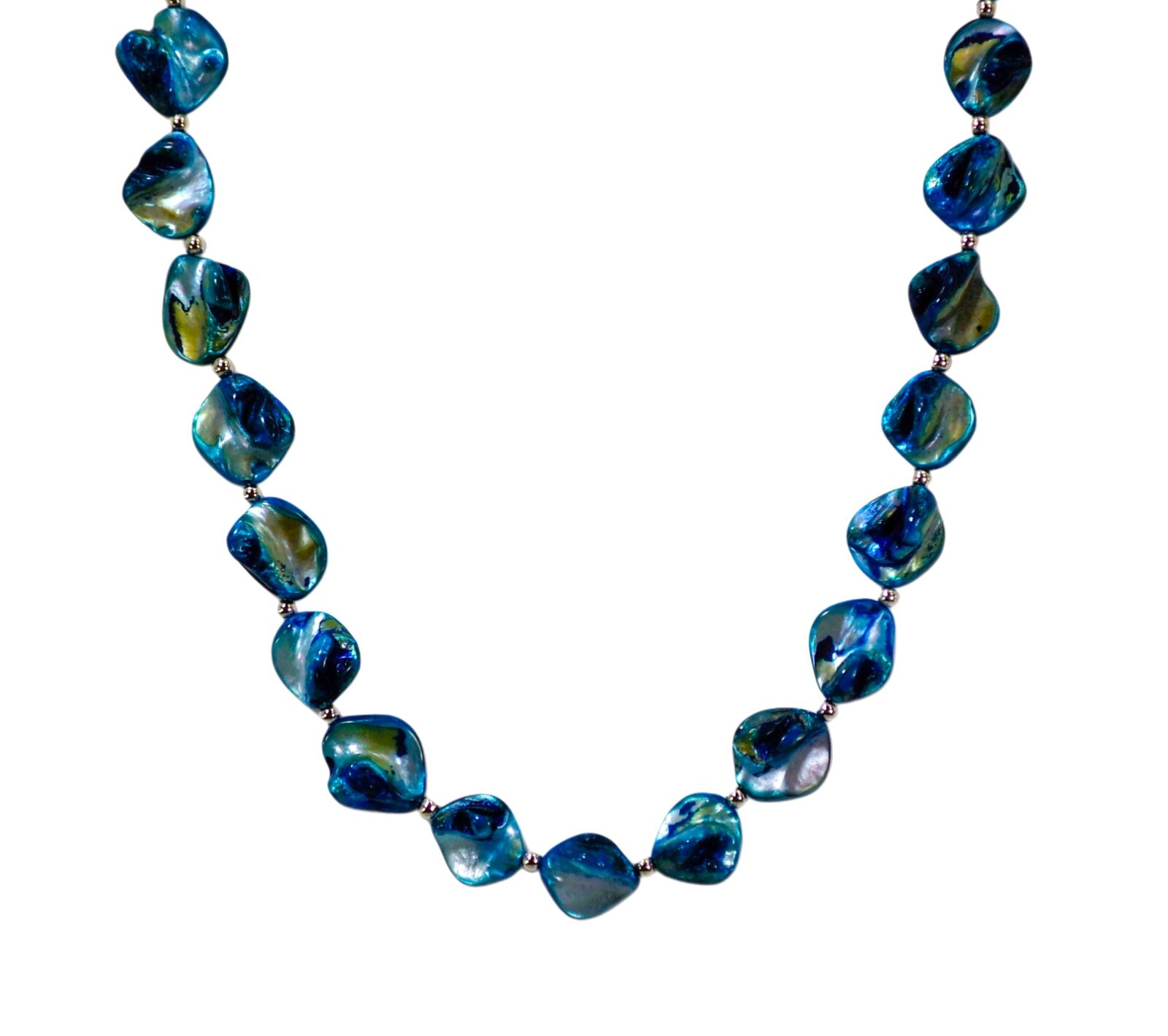 Blue shell bead necklace made with natural shape shell beads, silver beads New