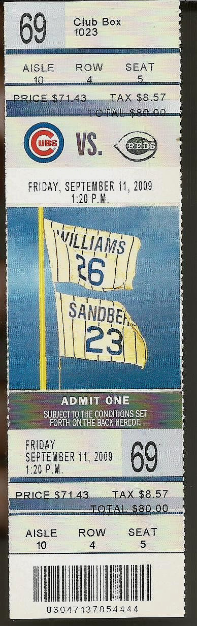 2009 CHICAGO CUBS TICKET RYNE SANDBERG FLAG TRIBUTE RIP RYNO 1959-2025 MLB BASEB