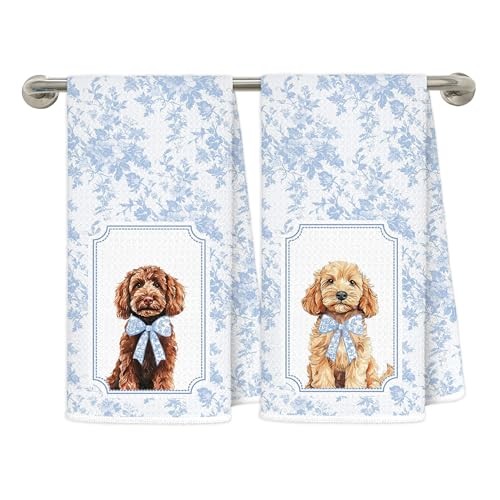 Blue Chinoiserie Goldendoodle Kitchen Dish Towels, Golden Doodle F-dog Towels