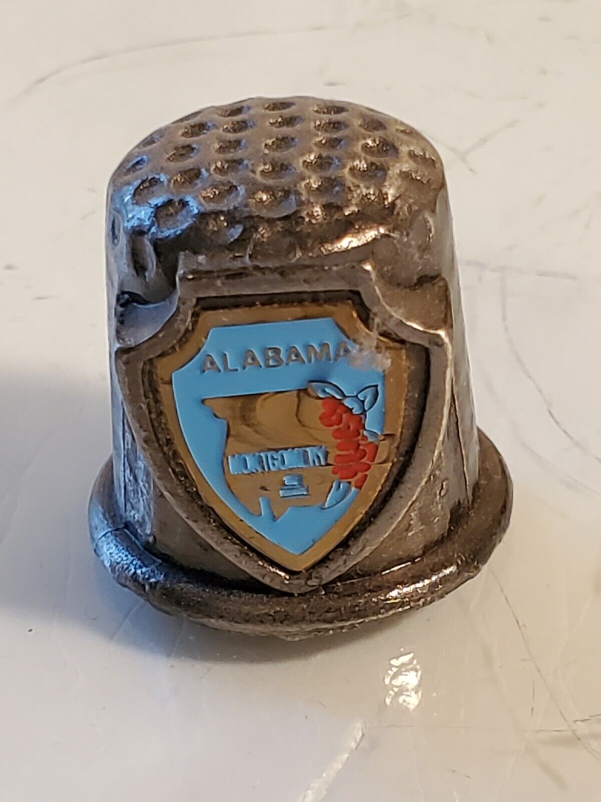 Vintage Thimble Alabama metal enameled placard box6